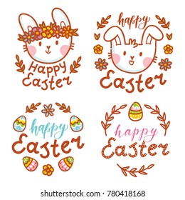 Cute illustration elements for Easter holiday with Easter Bunny, colored eggs, flowers and lettering, calligraphy text. Hand drawn art in cartoon, doodle style for your design concept