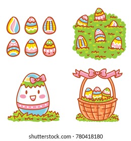 Cute illustration elements for Easter holiday with Easter Bunny, colored eggs, flowers and lettering, calligraphy text. Hand drawn art in cartoon, doodle style for your design concept