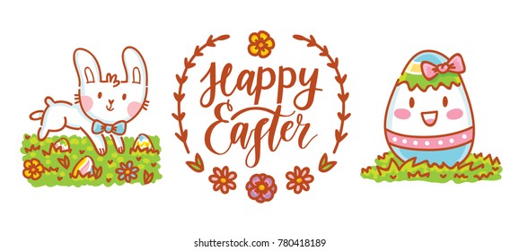 Cute illustration elements for Easter holiday with Easter Bunny, colored eggs, flowers and lettering, calligraphy text. Hand drawn art in cartoon, doodle style for your design concept
