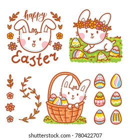 Cute illustration elements for Easter holiday with Easter Bunny, colored eggs, flowers and lettering, calligraphy text. Hand drawn art in cartoon, doodle style for your design concept