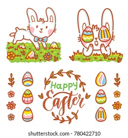 Cute illustration elements for Easter holiday with Easter Bunny, colored eggs, flowers and lettering, calligraphy text. Hand drawn art in cartoon, doodle style for your design concept