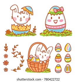 Cute illustration elements for Easter holiday with Easter Bunny, colored eggs, flowers and lettering, calligraphy text. Hand drawn art in cartoon, doodle style for your design concept
