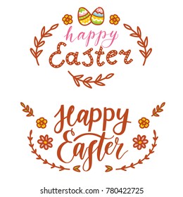 Cute illustration elements for Easter holiday with Easter Bunny, colored eggs, flowers and lettering, calligraphy text. Hand drawn art in cartoon, doodle style for your design concept