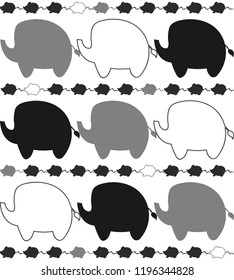 Cute illustration of elephants, mouses for print. Illustration for children's textile. Vector cartoon ilustration. Black and white