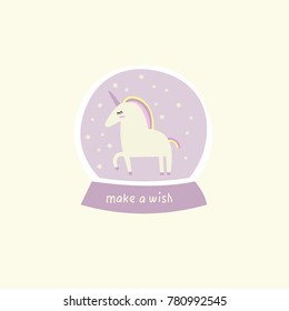 Cute illustration with a fairy unicorn in a glass globe and the inscription "Make a wish".