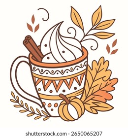 A cute illustration of a fall-themed drink with whipped cream, cinnamon, pumpkin, and autumn leaves.