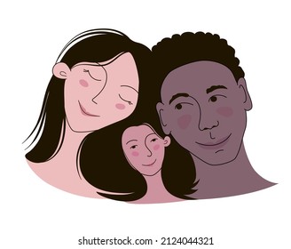 Cute illustration of family - mother, father and daughter. Doodle style vector illustration isolated on white background