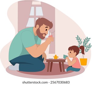 Cute illustration father with beard and little daughter playing tea party in they house having fun together. Loving and caring parenting. Good for Father's Day card.