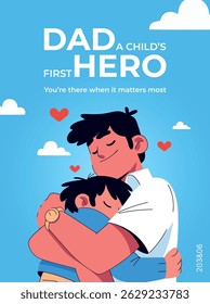 Cute illustration of father hugging child for Father’s Day. Happy family moment in flat cartoon style