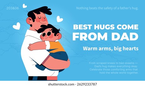 Cute illustration of father hugging child for Father’s Day. Happy family moment in flat cartoon style