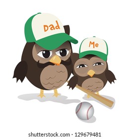 Cute Illustration Of Father And Kid Owl Ready For Baseball Play