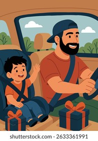 Cute illustration of a father and son riding in a car with gift boxes, wearing seat belts. Warm colors, cartoon style. Perfect for Father's Day cards and family-themed designs.