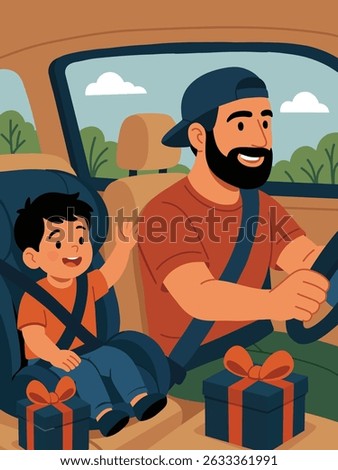 Cute illustration of a father and son riding in a car with gift boxes, wearing seat belts. Warm colors, cartoon style. Perfect for Father's Day cards and family-themed designs.