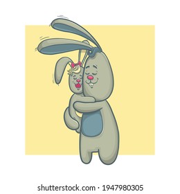 Cute illustration for Father's Day. Funny, hand-drawn bunnies - dad and daughter. Vector illustration for design or textile print