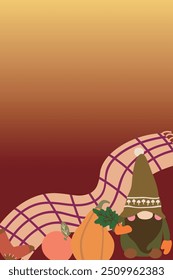A cute illustration featuring an autumn-themed gnome with braids, wearing a purple hat adorned with heart patterns. 