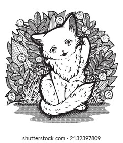 A cute illustration featuring a fluffy cat with one of it's paw raised. Would you want to face a final boss such as this? A cute ornate drawing.