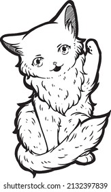 A cute illustration featuring a fluffy cat with one of it's paw raised. Would you want to face a final boss such as this? A cute line art illustration for coloring page or book,