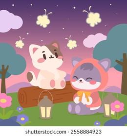 A cute illustration featuring two adorable cats sitting on a log under a serene twilight sky, surrounded by glowing fireflies and lanterns. 