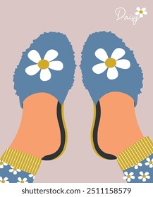 Cute Illustration with Feet on Home Slippers at Daisy Pattern