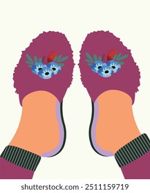  Ilustración linda con los pies en las zapatillas caseras en el patrón de flores