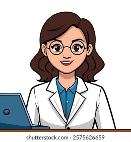 Cute illustration female doctor character in the costume of doctor siting in front of computer 