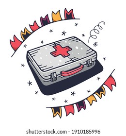 Ilustración corta con un kit de primeros auxilios. Aislado sobre un fondo blanco. Ilustraciones del doodle vectorial.