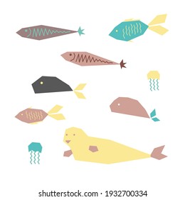 Cute illustration of fish, jelly fish and seal vector