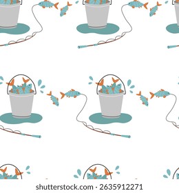 Cute illustration of a fishing bucket with colorful fish on a white background featuring playful movement. Seamless pattern in flat style. Vector illustration.