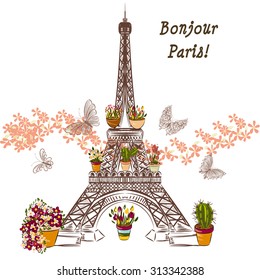 Cute illustration with flower Eiffel tower and potters fully of flowers. Boutique banner or card