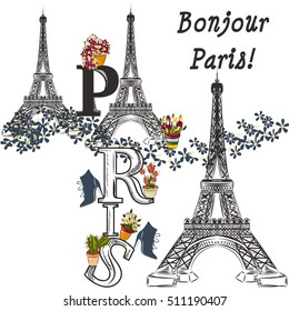 Cute illustration with flower Eiffel tower and potters fully of flowers. Boutique banner, T-shirt print or card