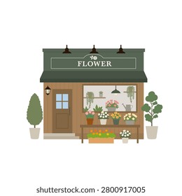 A cute illustration of a flower shop storefront with a green awning and beautiful potted plants. Perfect for gardening blogs, lifestyle website icons, or florist store designs.