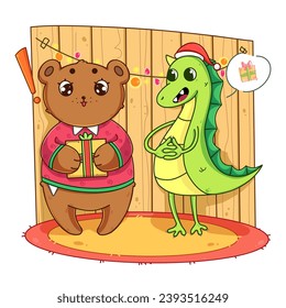 cute illustration with a fluffy bear cub in a blouse with a pattern who receives a gift from a joyful green dragon in a Christmas hat