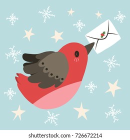 Cute illustration of flying bird holding letter with Christmas decoration