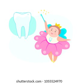 Cute illustration with flying smiling tooth fairy and teeth.  Vector children's dentistry art concept in cartoon flat style