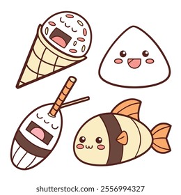 A cute illustration of food items featuring ice cream, sushi, and fish.