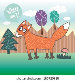 Cute illustration with fox and mountain. Funny animals childish design. Happy birthday card.