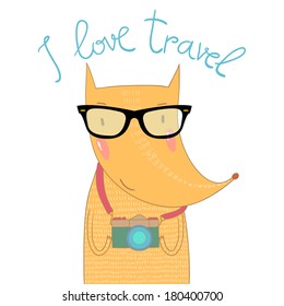 Cute illustration with fox and retro camera. Funny animals childish design. I love travel vector illustration.