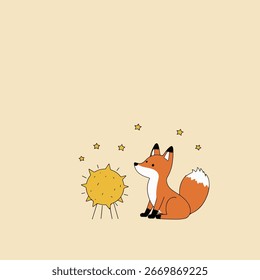 Una linda ilustración de un zorro sentado y mirando a un sol puntiagudo, rodeado de estrellas Pequeñas, sobre un fondo amarillo claro.

