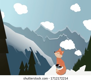 Cute illustration of a fox sitting in the mountains
