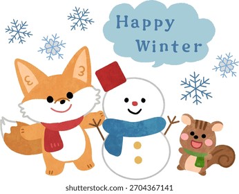 Nette Illustration eines Fuchses und eines Eichhörnchens, das mit einem Schneemann spielt