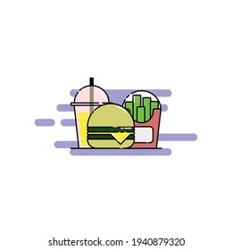 Cute Illustration of french fries, cheese burger, and soft drink. modern simple food vector icon, flat graphic symbol in trendy flat design style.