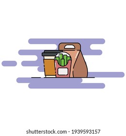 Cute Illustration of french fries, coffee, and its package. modern simple food vector icon, flat graphic symbol in trendy flat design style.
