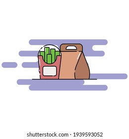 Cute Illustration of french fries and its package. modern simple food vector icon, flat graphic symbol in trendy flat design style.