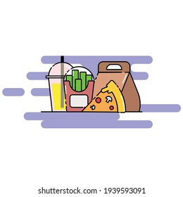 Cute Illustration of french fries, a slice of pizza, soft drink and its package. modern simple food vector icon, flat graphic symbol in trendy flat design style.