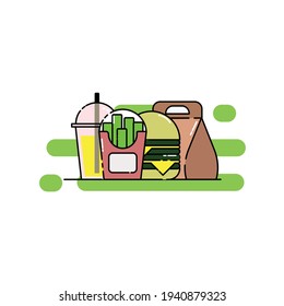 Cute Illustration of french fries, soft drink, cheese burger, and package. modern simple food vector icon, flat graphic symbol in trendy flat design style.