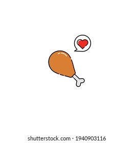 Cute Illustration of fried chicken thigh with love icon. modern simple food vector icon, flat graphic symbol in trendy flat design style.