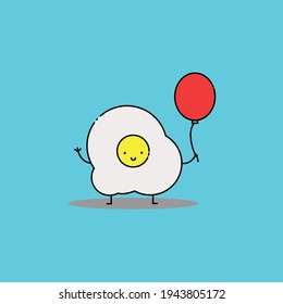 Cute Illustration of fried egg holds balloon. modern simple food vector icon, flat graphic symbol in trendy flat design style, children wallpaper cartoon set.