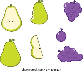 Cuidada ilustración de frutos. Cuidada ilustración de pera y uvas. Oso. Uvas. Frutas dulces para el verano. Ilustración de vacaciones de verano. ilustración de decoración y vector