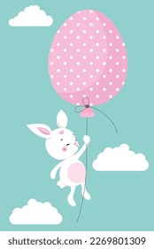 Cute illustration with funny bunny flying with easter egg balloon

