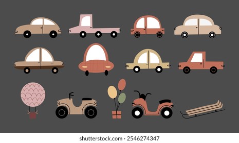 Cute illustration of funny cars and transport hand drawn. Vector collection of children's whimsical cars in doodle style